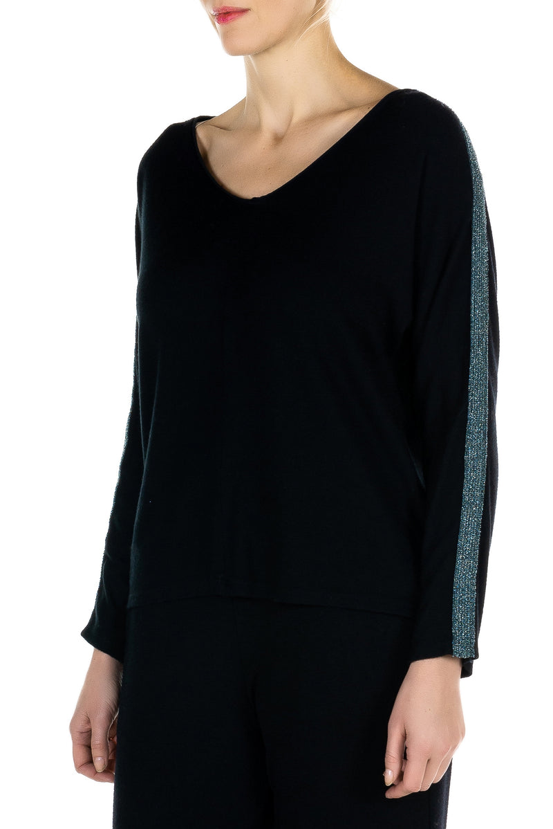 Lurex Sleeve Trim V Neck Pullover