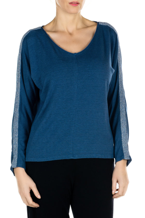 Lurex Sleeve Trim V Neck Pullover