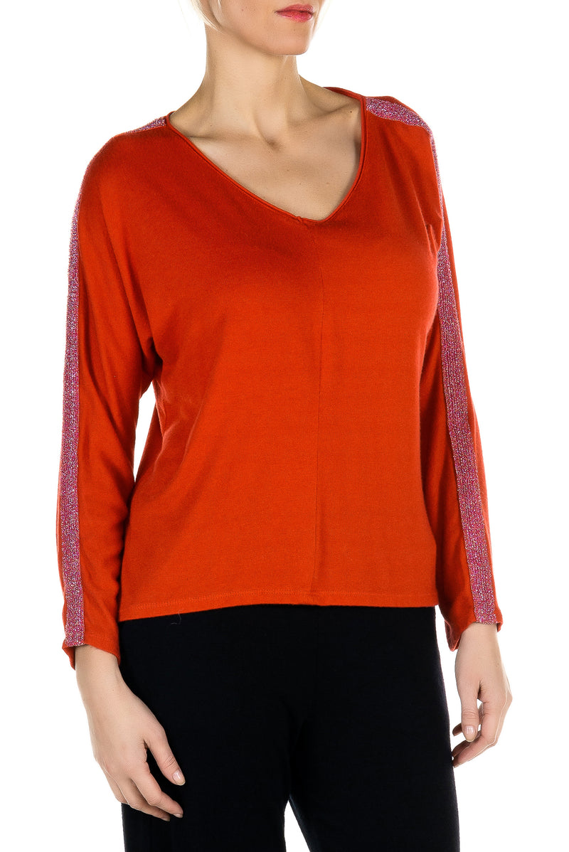 Lurex Sleeve Trim V Neck Pullover