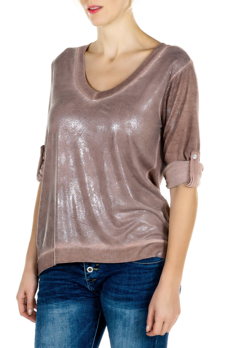 Roll Up Sleeve Top with Foil Effect