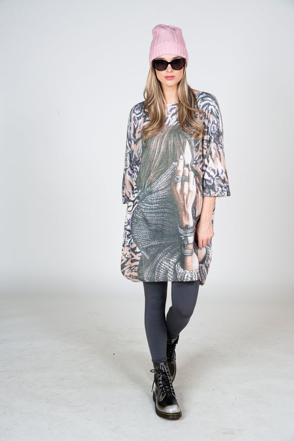 Boat neck tunic dress with Dalmatian print